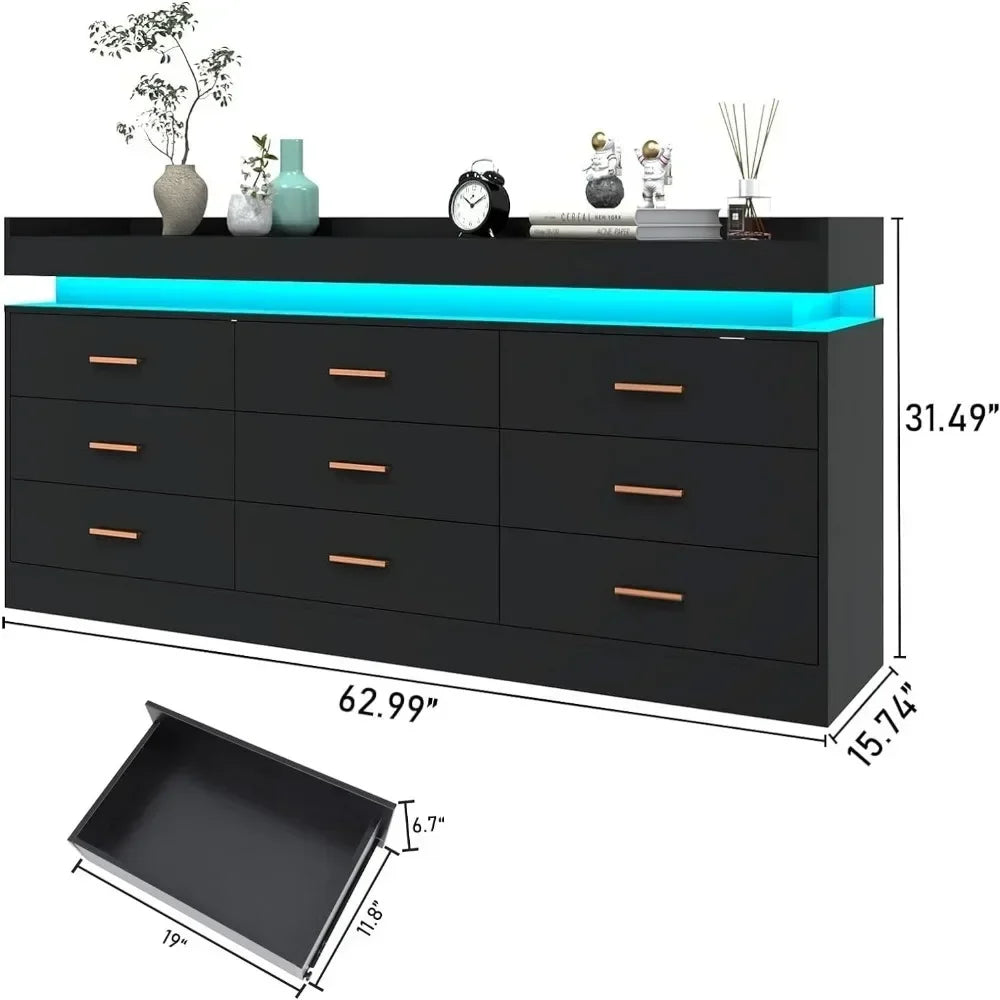 Modern 9 Drawer Dresser with LED Lights