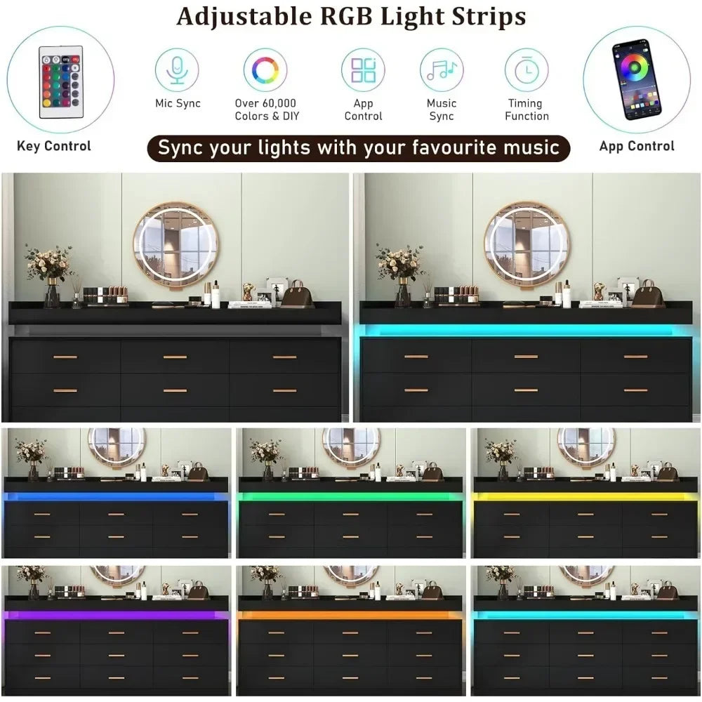 Modern 9 Drawer Dresser with LED Lights