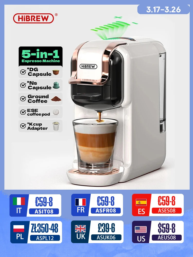 HiBREW Multiple Capsule Coffee Machine, Hot/Cold Dolce Gusto Milk Nespresso Capsule ESE Pod Ground Coffee Cafeteria 20Bar 5 in 1