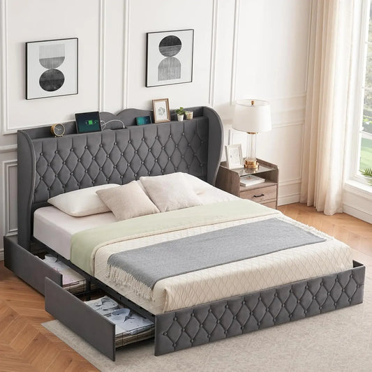Bed Frame, 4 Storage Drawers Velvet Upholstered Bed