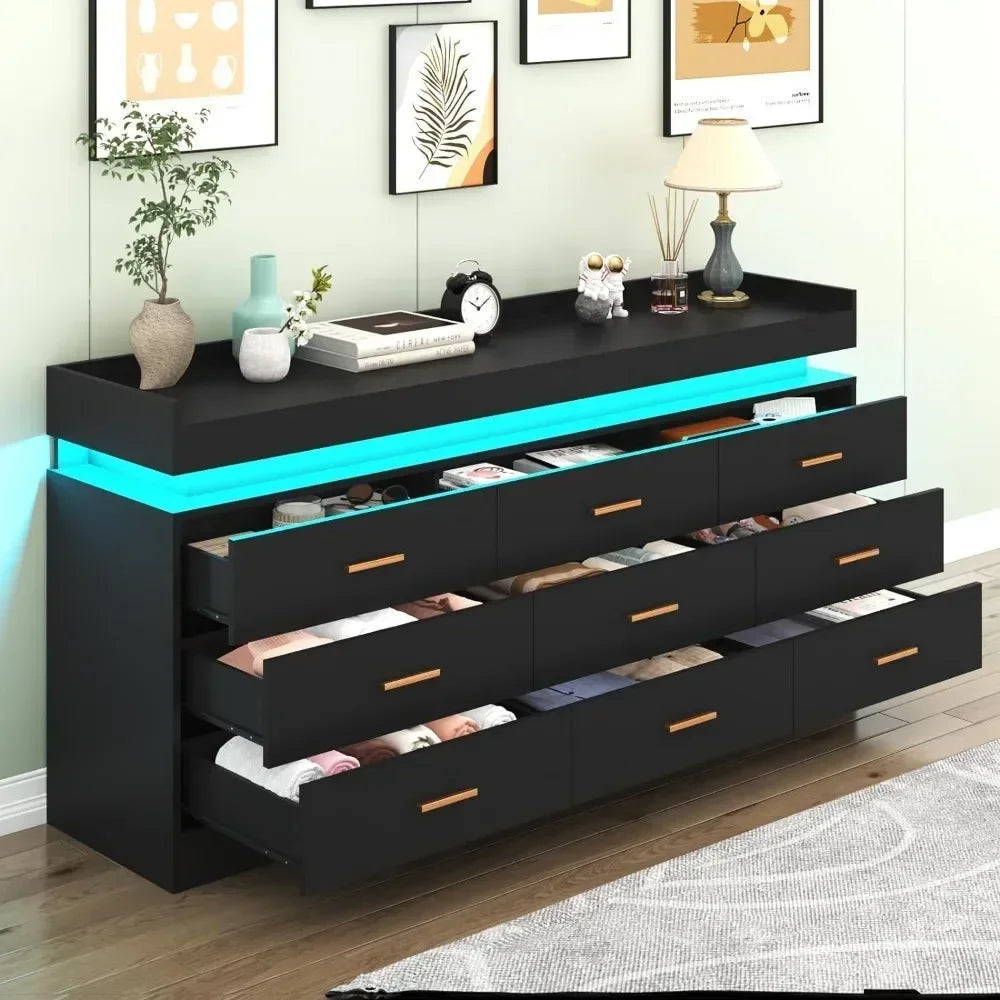 Modern 9 Drawer Dresser with LED Lights