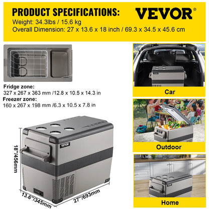 VEVOR Portable Small Car Freezer 45L Mini Car Refrigerator 60W Cooler 12V Portable Vehicle Car Fridge For Home and Outdoor Use