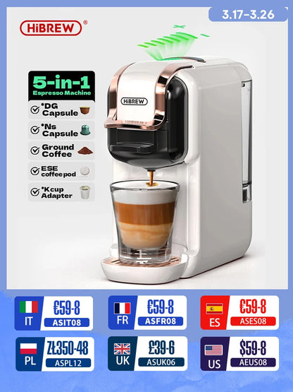 HiBREW Multiple Capsule Coffee Machine, Hot/Cold Dolce Gusto Milk Nespresso Capsule ESE Pod Ground Coffee Cafeteria 20Bar 5 in 1