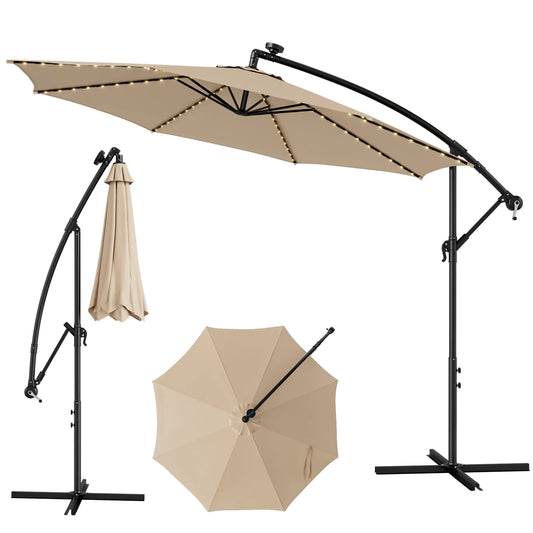 10FT Patio Solar-Lighted 112 LED Cantilever Umbrella